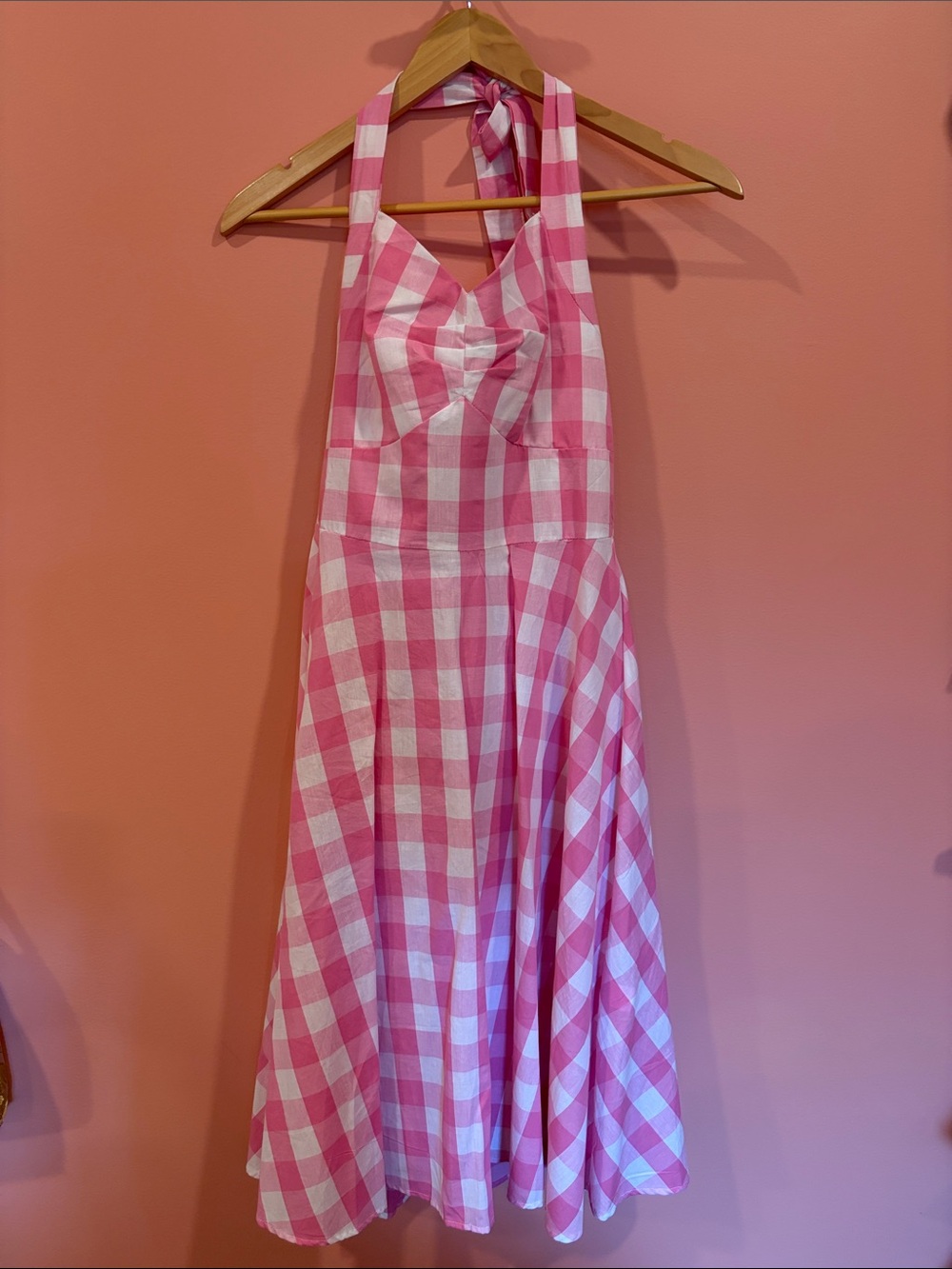 Pink and White Gingham Halter Midi Dress - Picture 3 of 5